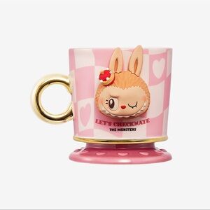 Pop Mart The Monsters Checkmate Queen Labubu Pink Coffee Tea Mug Gold Handle NIB